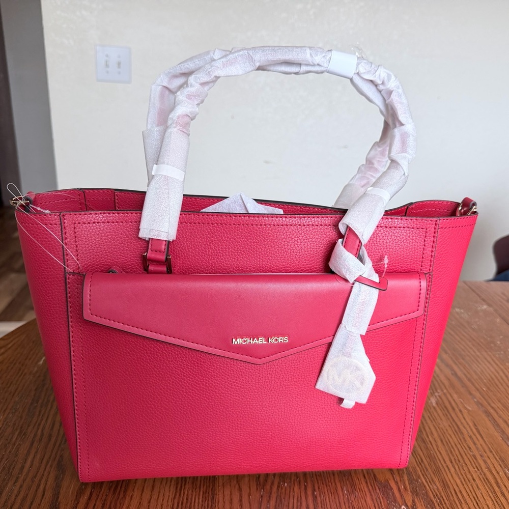 NWT Michael Kors Maisie LG 3-in-1 Tote Bright Red Leather + Pouch